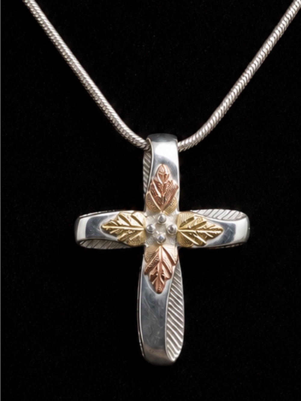 Cross Necklace Tri-color 12k Rose & Yellow Gold 925 Sterling Snake Chain